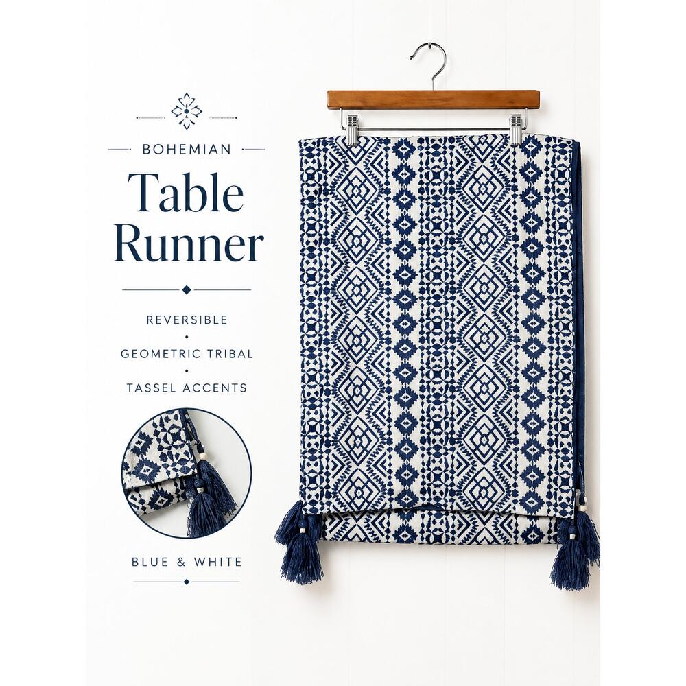 Boho Blue White Table Runner Tassel Tribal Geometric Reversible Decor